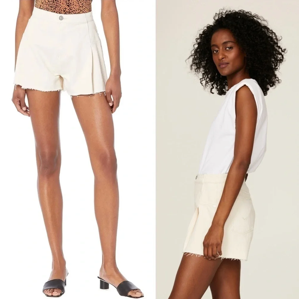 HUDSON 90s Pleated‎ Beige Denim High Waist Frayed Raw Hem Cutoff Jean Shorts 28